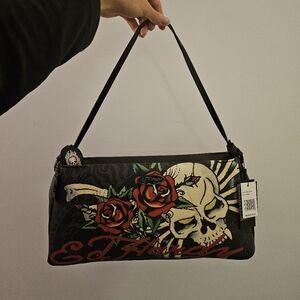 New Ed Hardy Black Handbag with Skull and Roses